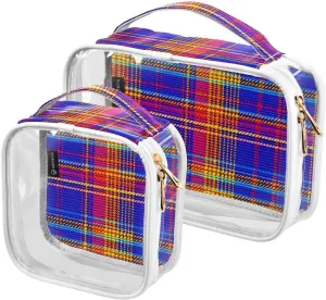 2 Pack Clear Makeup Bag, Vibrant Multicolor Plaid Pattern Cosmetic Organizer Waterproof Travel Toiletry Bags for Women Transparent Handbag Purse