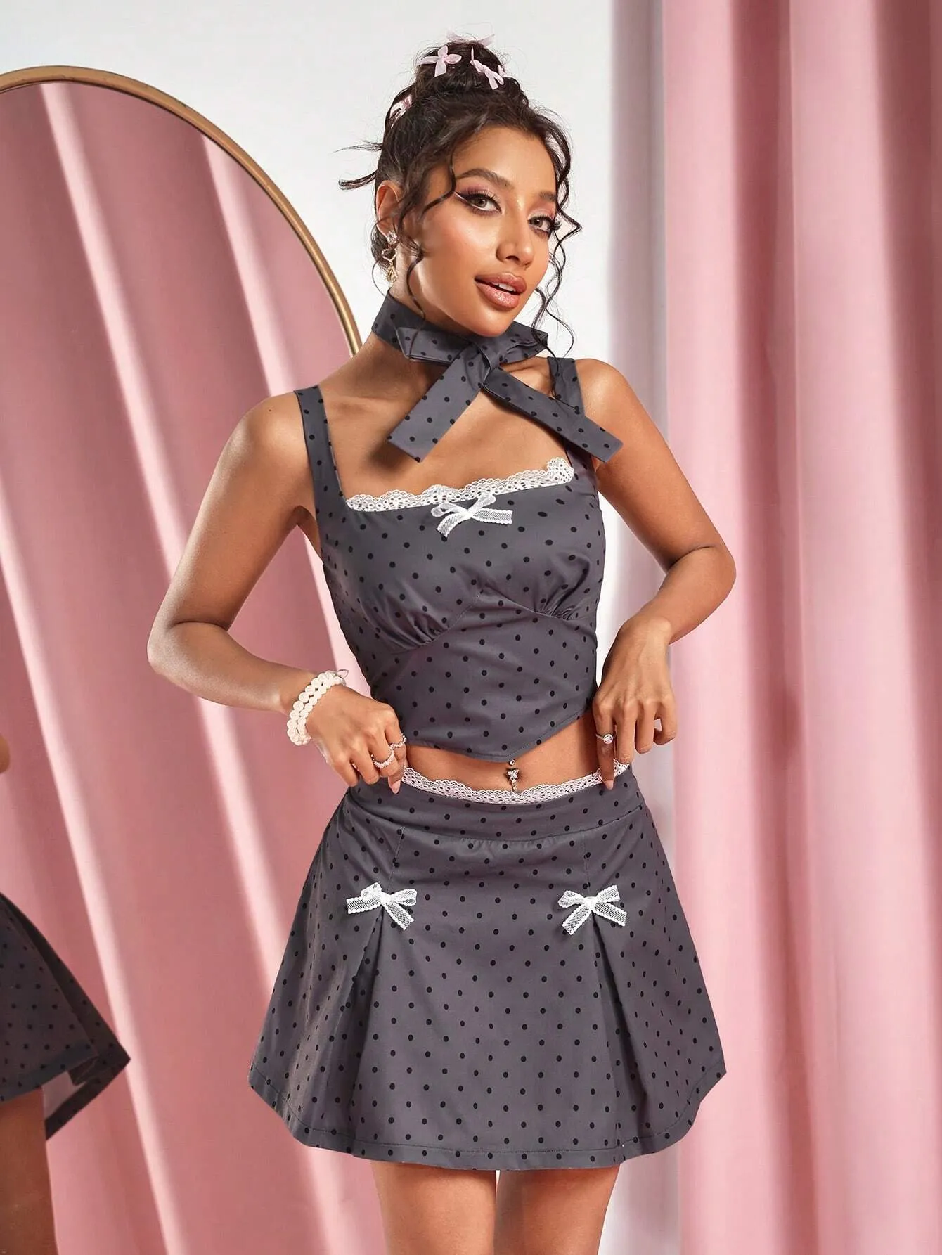 2pcs Sexy Polka Dot Bow Lace Crop Top & Mini Skirt Set For Women