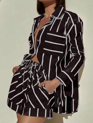 2pcs Women Striped Long Sleeve Shirt Top And Shorts Set