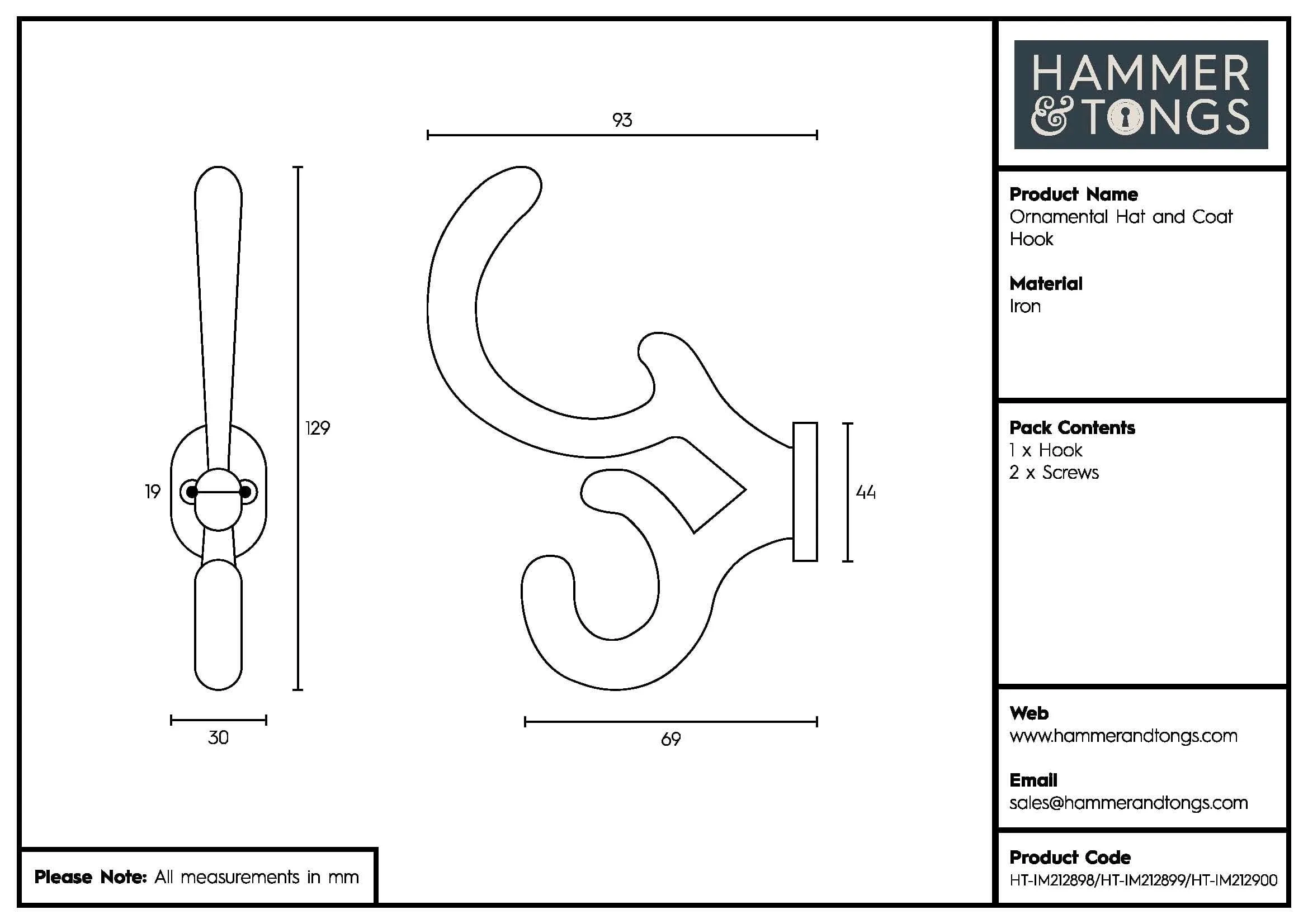 30mm x 130mm Ornamental Hat & Coat Hook - By Hammer & Tongs