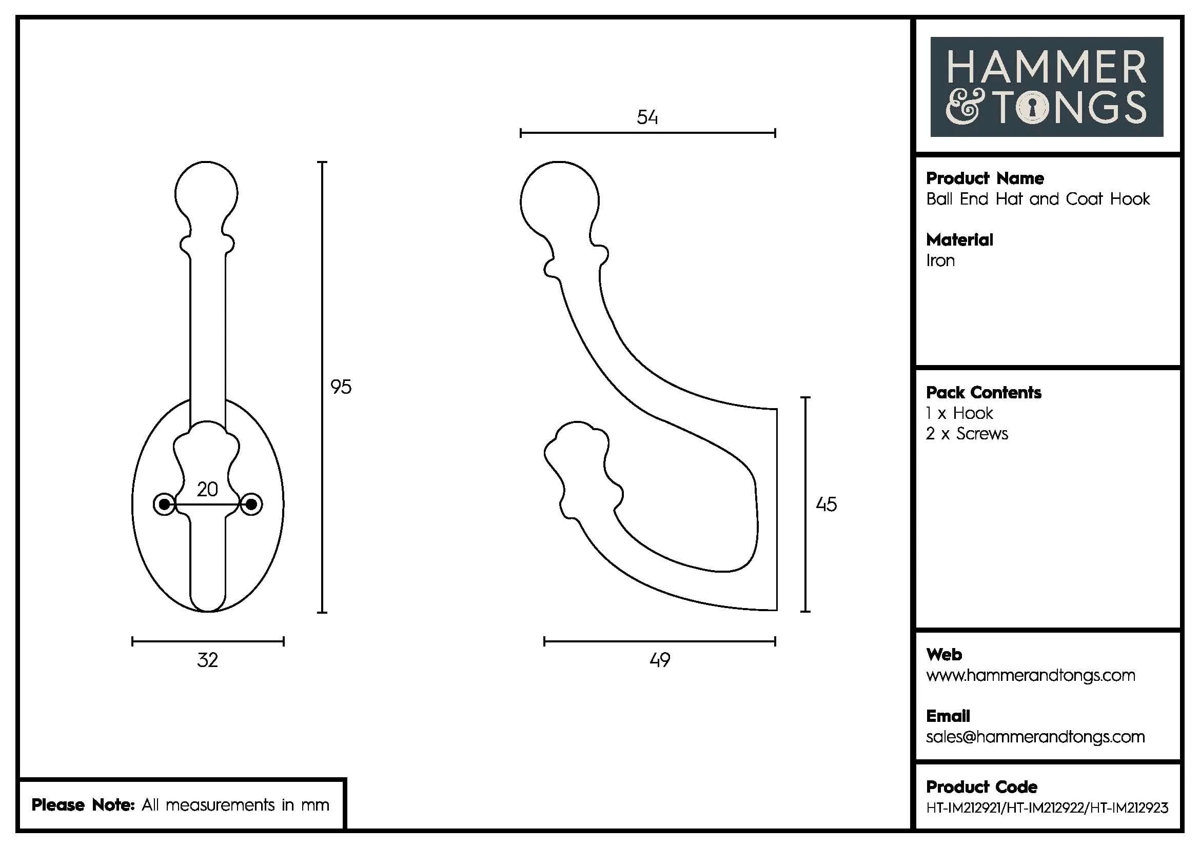 30mm x 95mm Ball End Hat & Coat Hook - By Hammer & Tongs