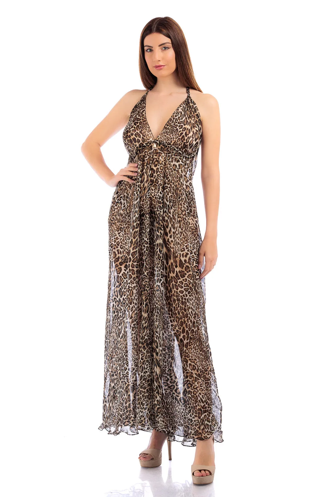 Animalier Silk Chiffon V-neck Dress