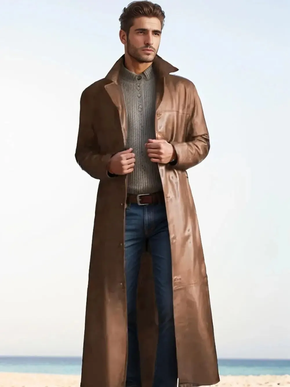 Autumn new men's fashionable solid color leather jacket extended men's leather jacket