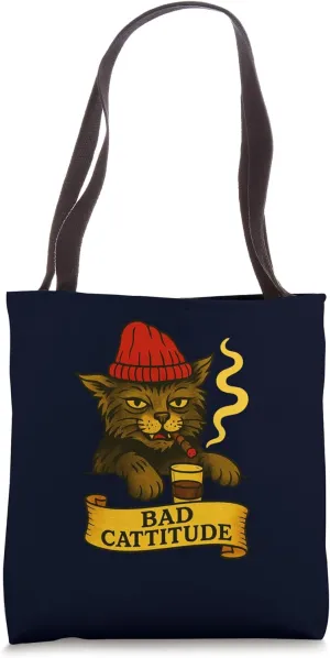 Bad Cattitude Funny Cat Grumpy Kitty Cigar Beanie Tattoo Tote Bag