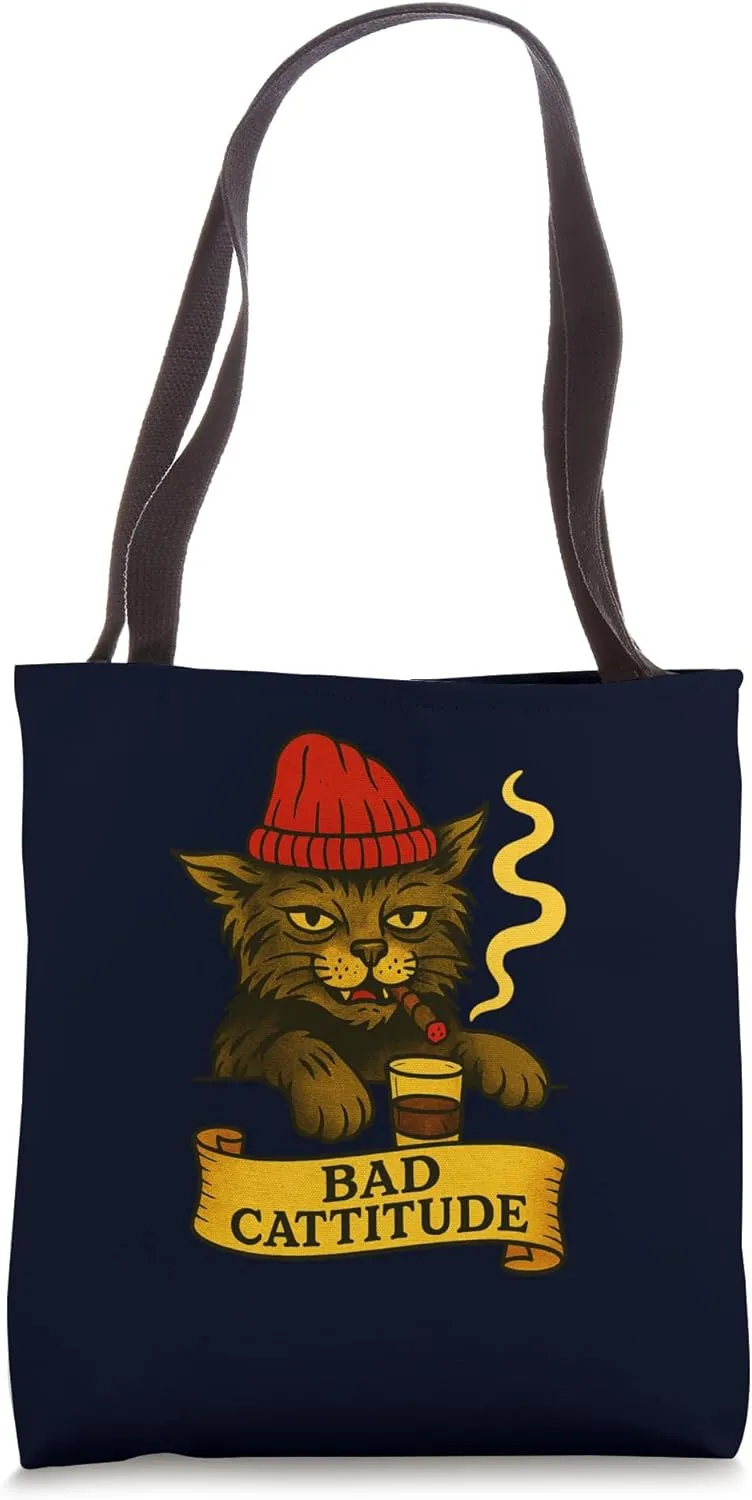Bad Cattitude Funny Cat Grumpy Kitty Cigar Beanie Tattoo Tote Bag