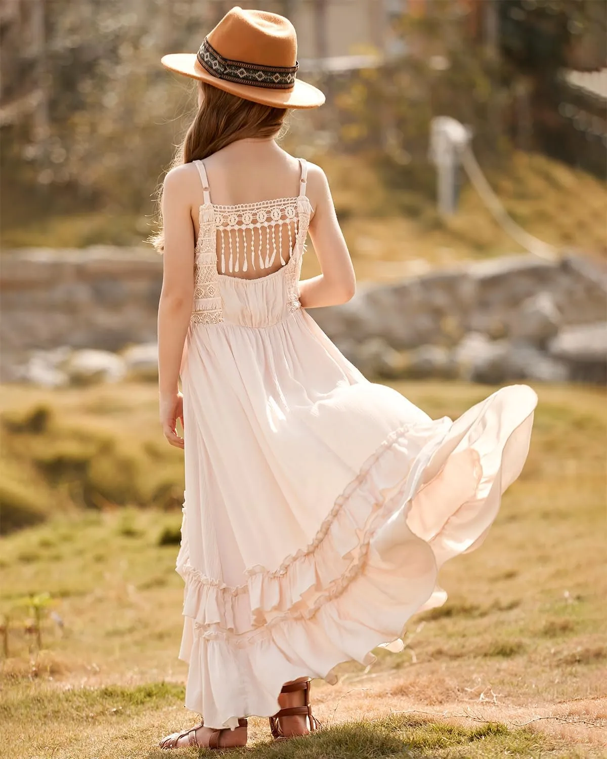 BIBIHOU Girls Kids Lace Backless Boho Holiday Wedding Maxi Flower Girl Dress