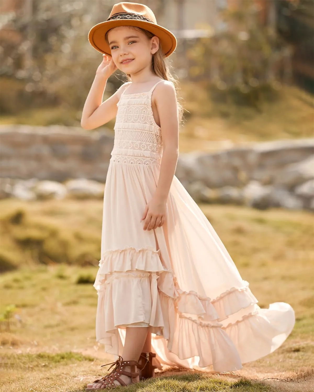 BIBIHOU Girls Kids Lace Backless Boho Holiday Wedding Maxi Flower Girl Dress