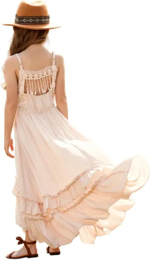BIBIHOU Girls Kids Lace Backless Boho Holiday Wedding Maxi Flower Girl Dress
