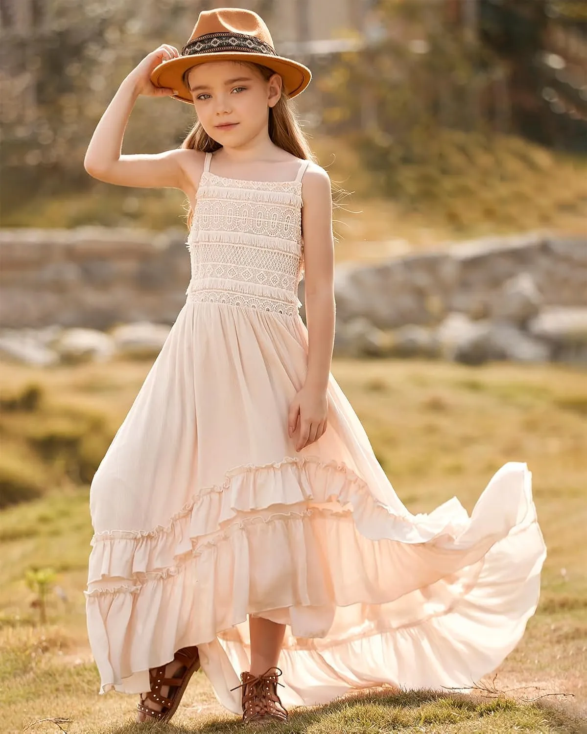 BIBIHOU Girls Kids Lace Backless Boho Holiday Wedding Maxi Flower Girl Dress