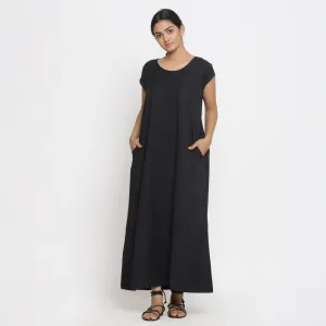 Black Cotton Flax Scoop Neck Paneled Maxi Dress