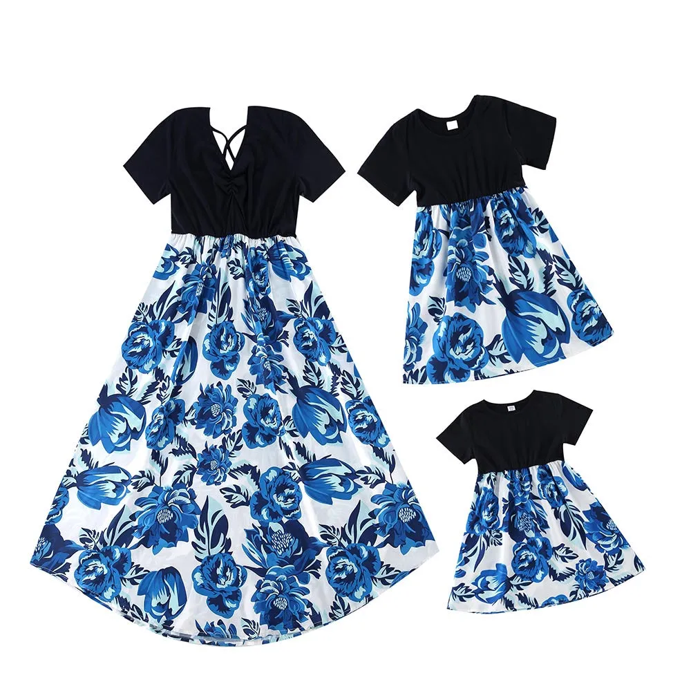 Blue Floral Print Matching Midi Family Mtching Dresses & Tshirts
