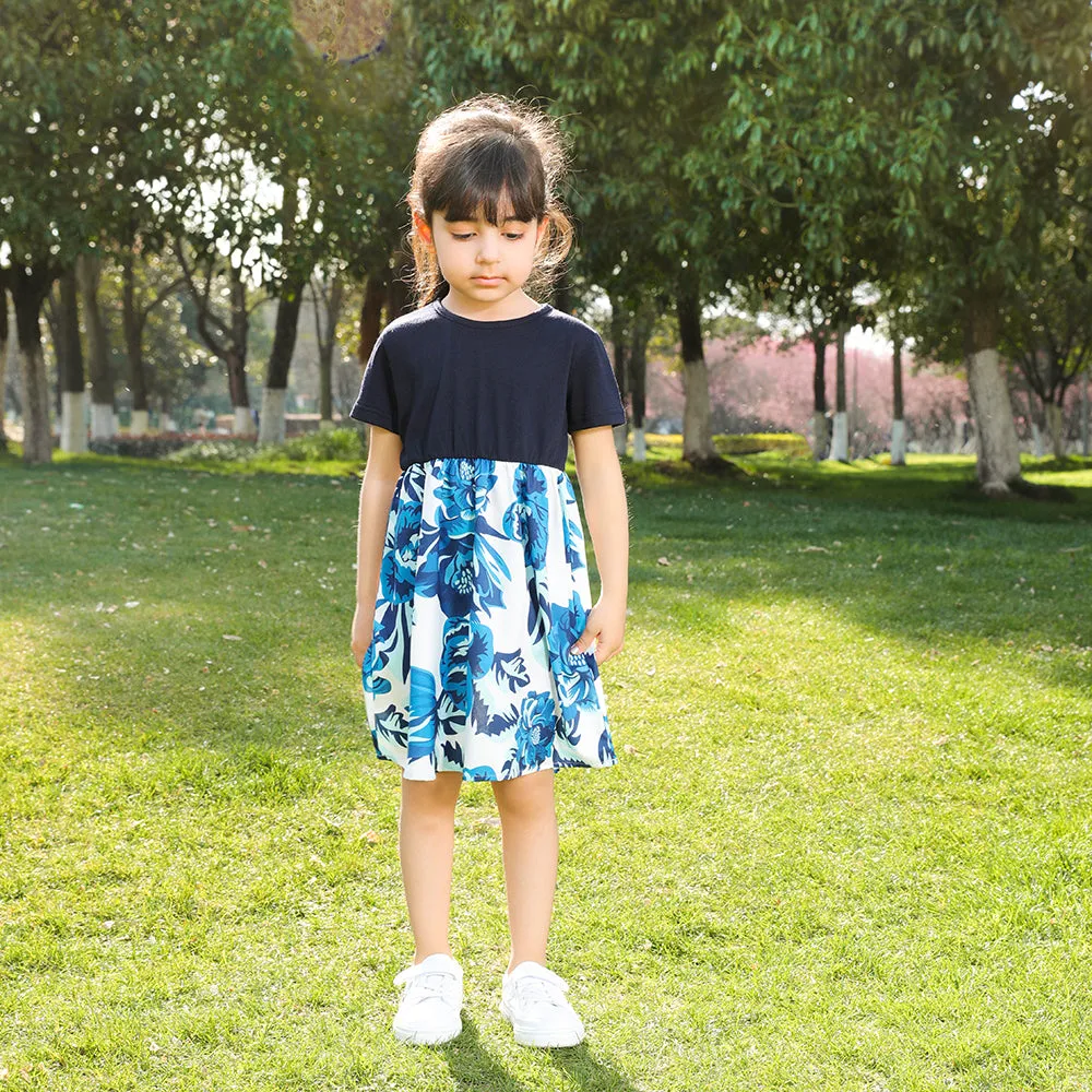 Blue Floral Print Matching Midi Family Mtching Dresses & Tshirts
