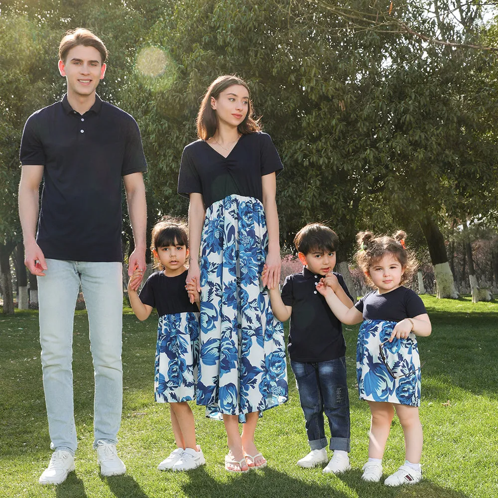 Blue Floral Print Matching Midi Family Mtching Dresses & Tshirts