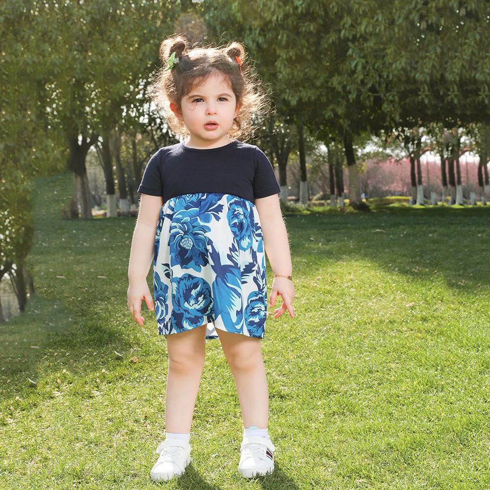 Blue Floral Print Matching Midi Family Mtching Dresses & Tshirts