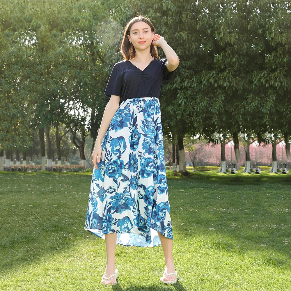 Blue Floral Print Matching Midi Family Mtching Dresses & Tshirts