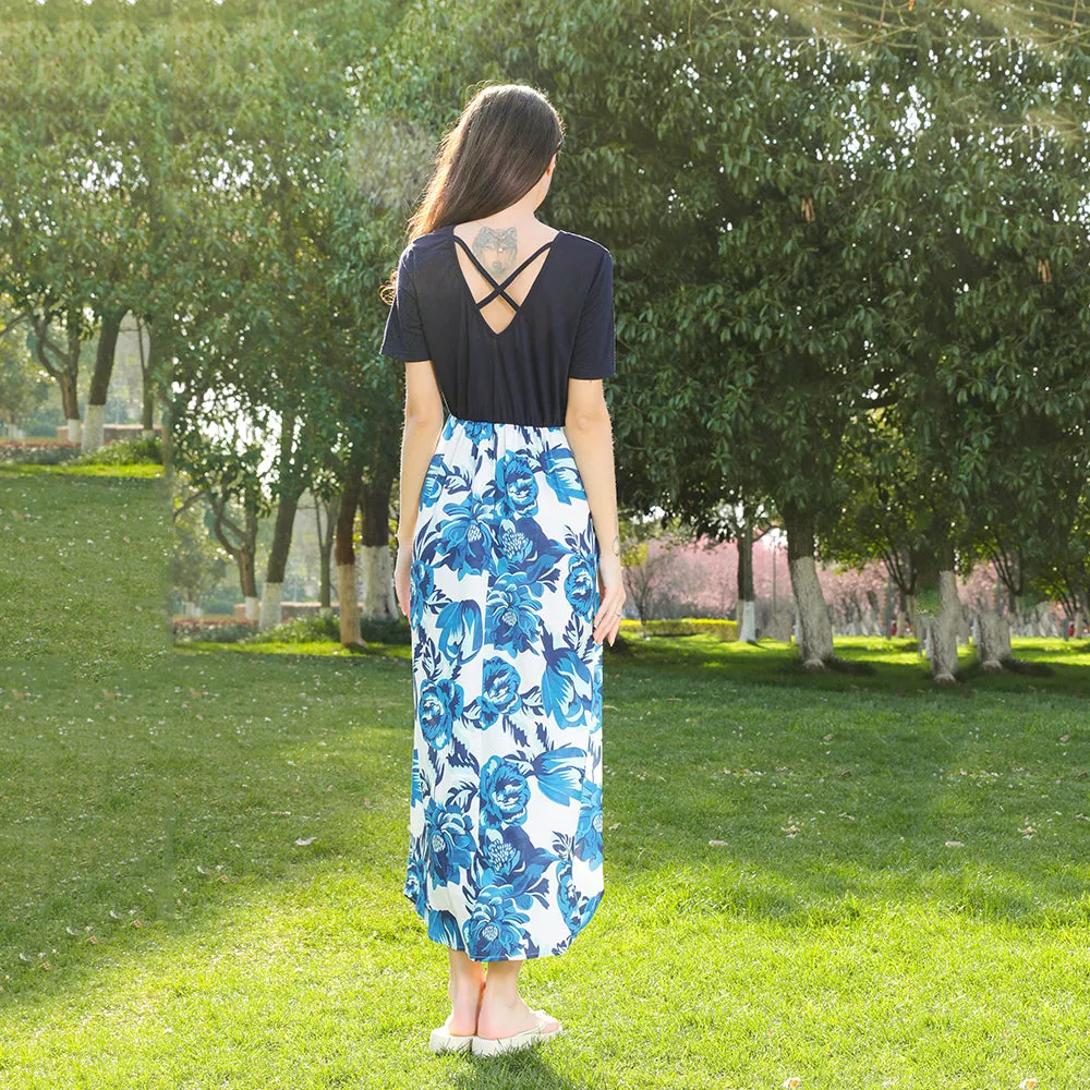 Blue Floral Print Matching Midi Family Mtching Dresses & Tshirts