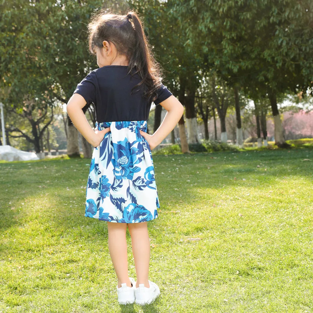 Blue Floral Print Matching Midi Family Mtching Dresses & Tshirts