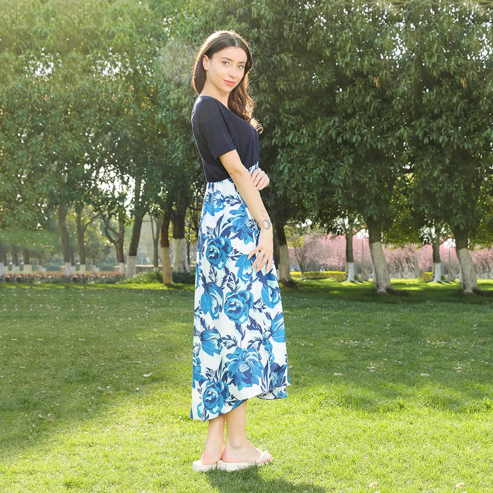 Blue Floral Print Matching Midi Family Mtching Dresses & Tshirts