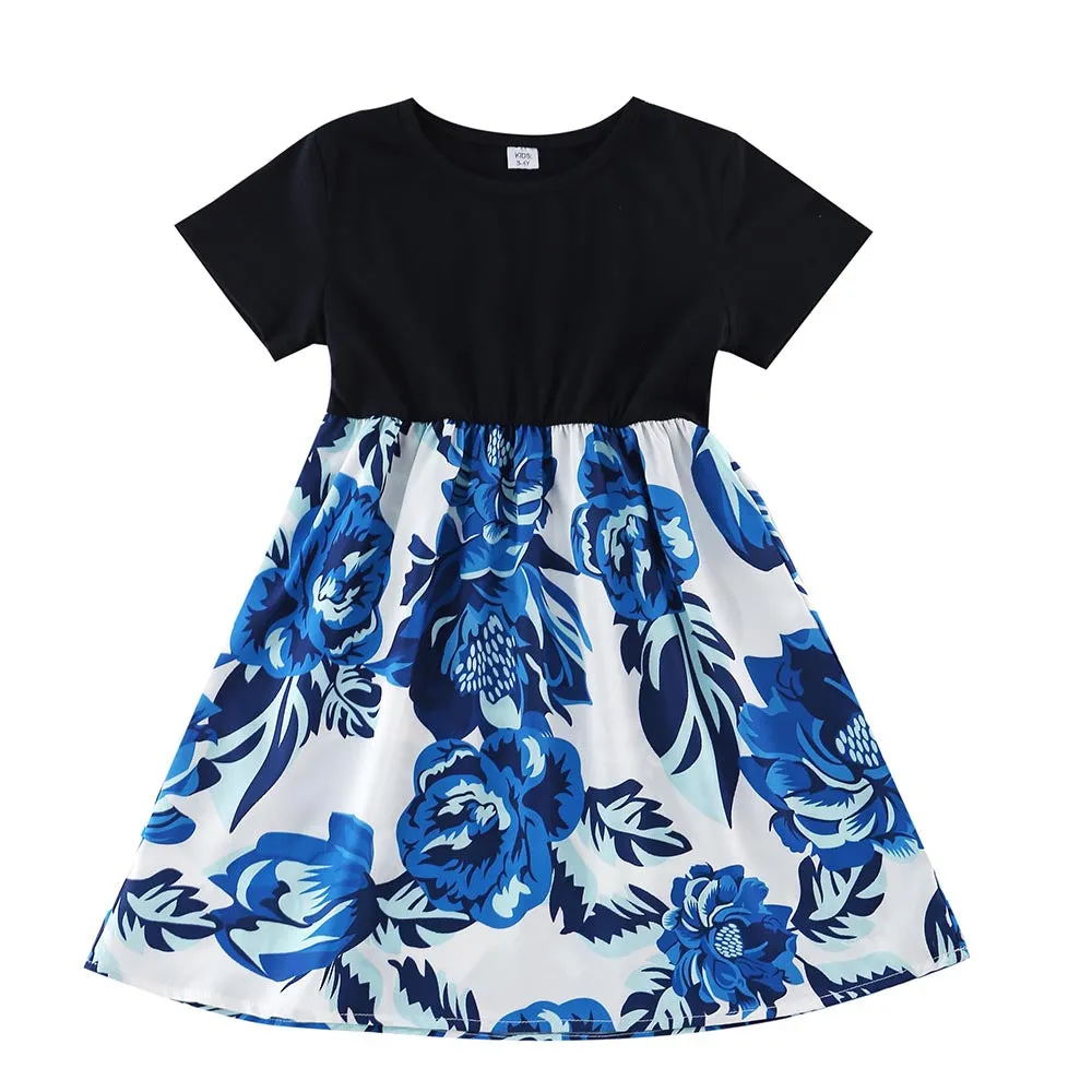Blue Floral Print Matching Midi Family Mtching Dresses & Tshirts