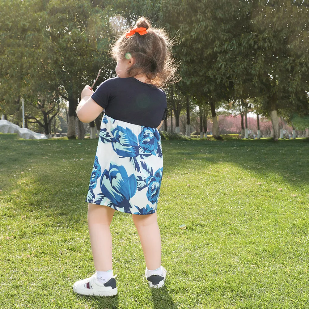 Blue Floral Print Matching Midi Family Mtching Dresses & Tshirts