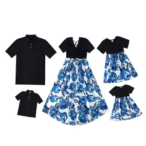 Blue Floral Print Matching Midi Family Mtching Dresses & Tshirts