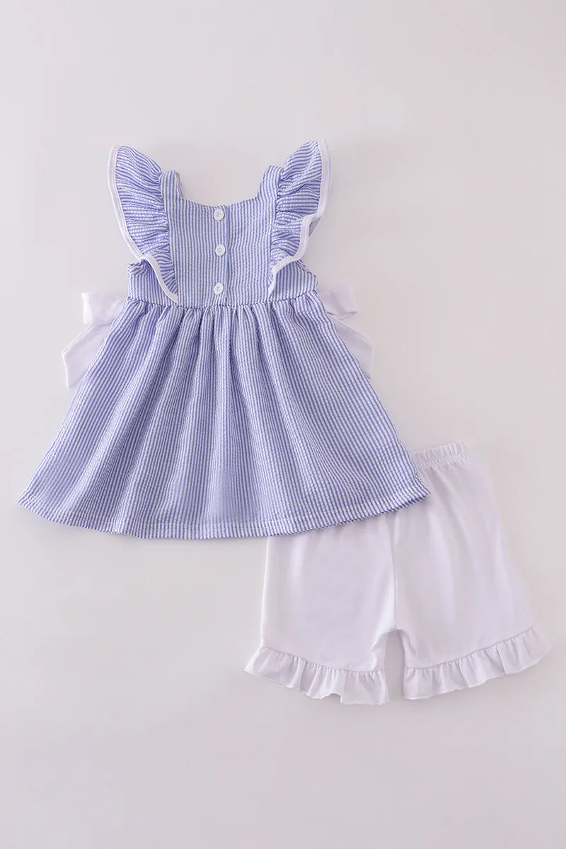 Blue stripe seersucker shorts set
