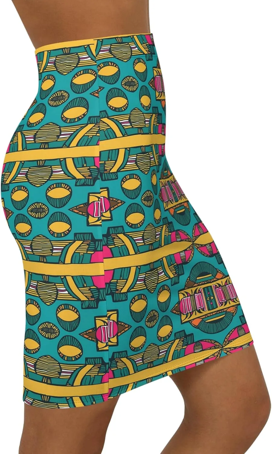 Bold Geometric Print Skirt, Vibrant Pencil Skirt, Stylish Mid-Waist Skirt, Trendy Summer Skirt, Fashionable Office Attire