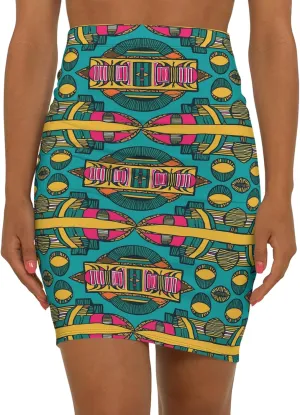 Bold Geometric Print Skirt, Vibrant Pencil Skirt, Stylish Mid-Waist Skirt, Trendy Summer Skirt, Fashionable Office Attire