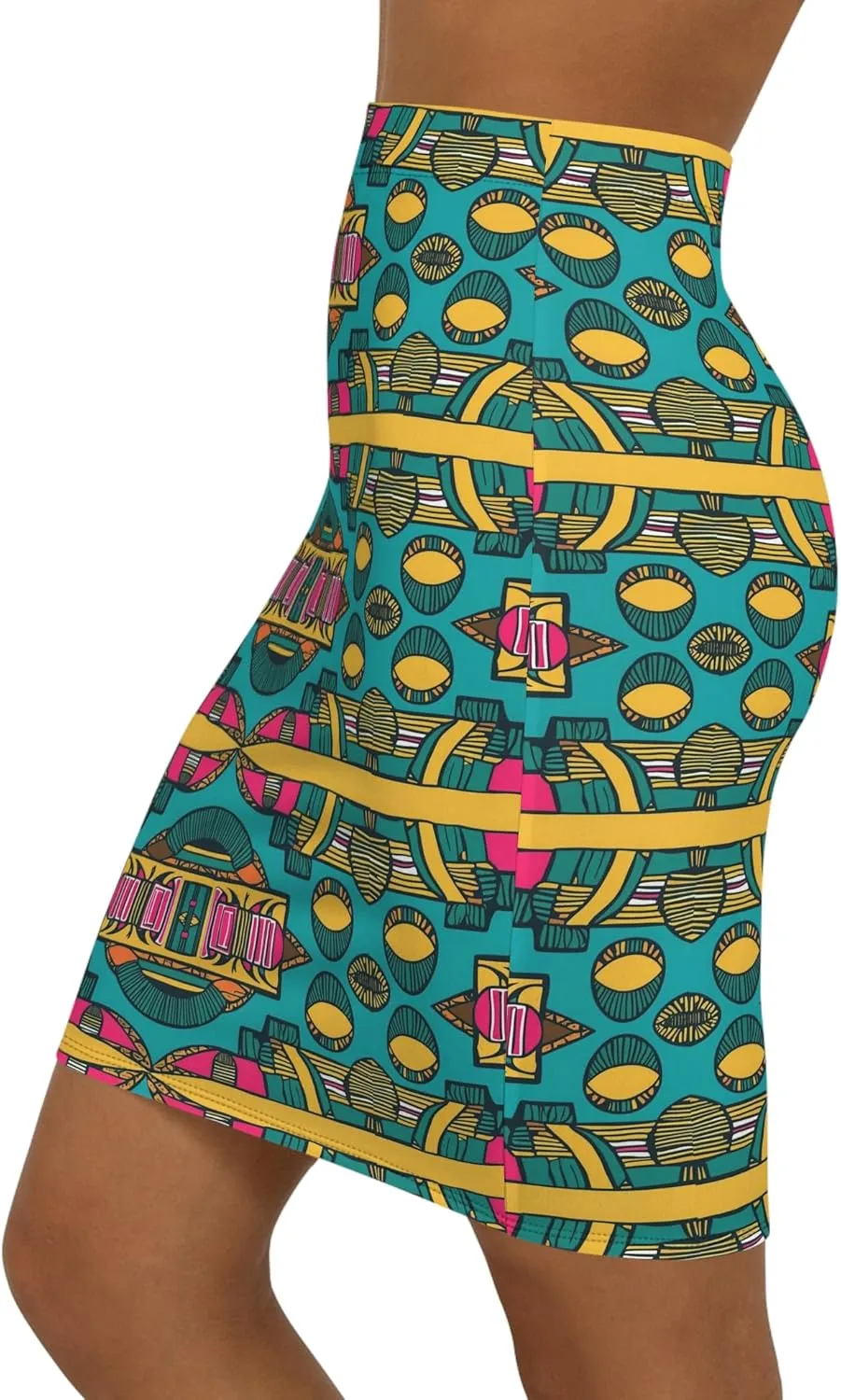 Bold Geometric Print Skirt, Vibrant Pencil Skirt, Stylish Mid-Waist Skirt, Trendy Summer Skirt, Fashionable Office Attire