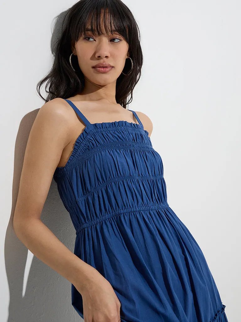 Bombay Paisley Indigo Solid Tiered Cotton Dress