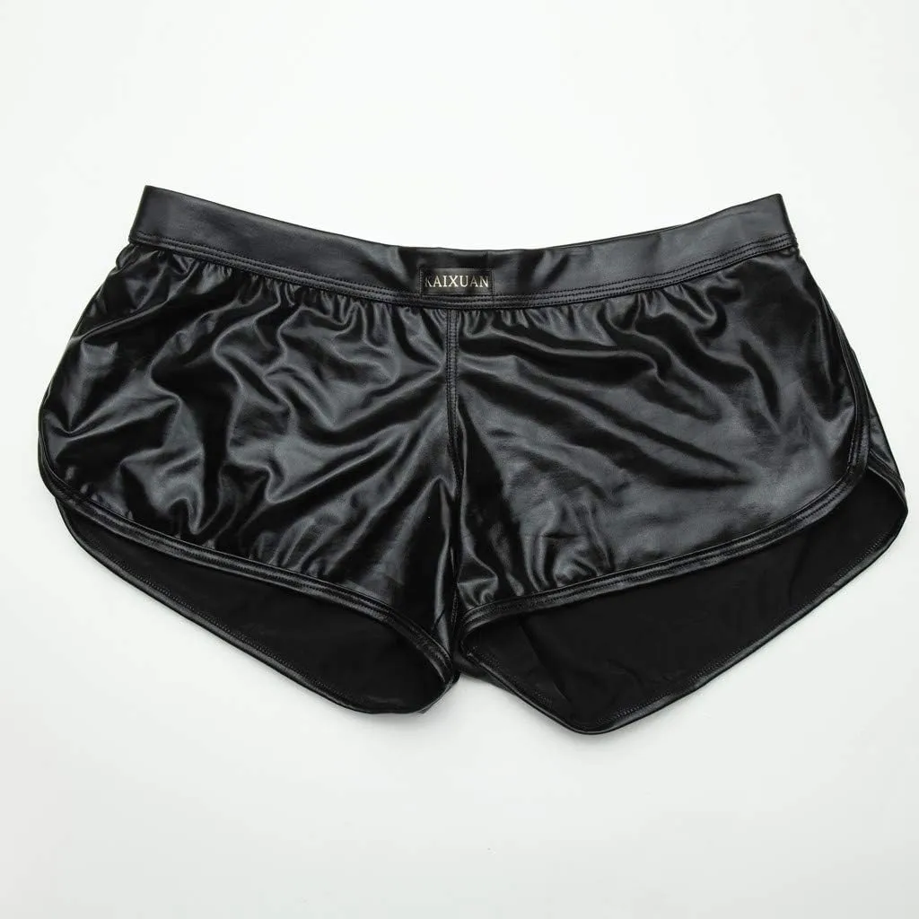 Boxers For Men Sexy Solid Color Underwear Imitation Leather Lacquer Low Rise Man's Underpants