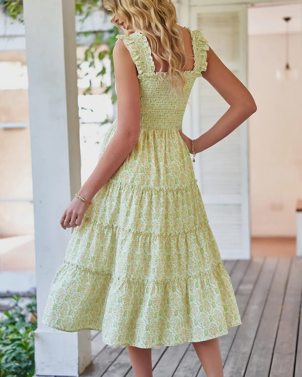 BTFBM Womens Summer Boho Smocked Beach Dresses Sleeveless Shoulder Strap Floral Flowy Tiered Party Midi Casual Sundress