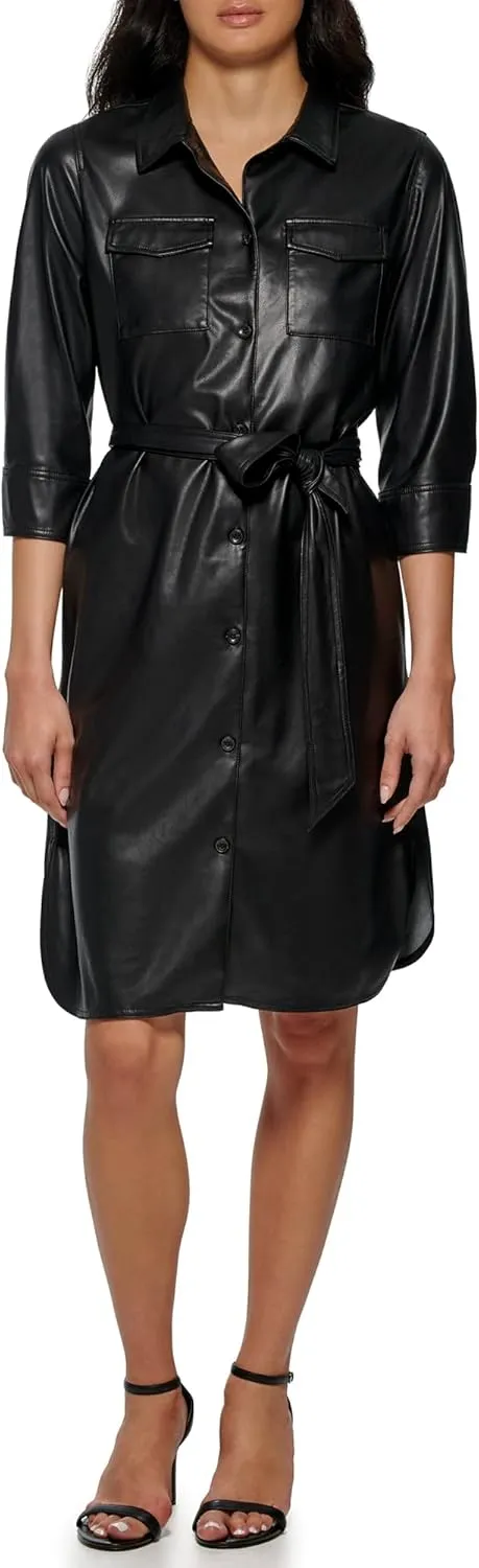CALVIN KLEIN Women's Modern Edgy Faux Leather Belted Dress