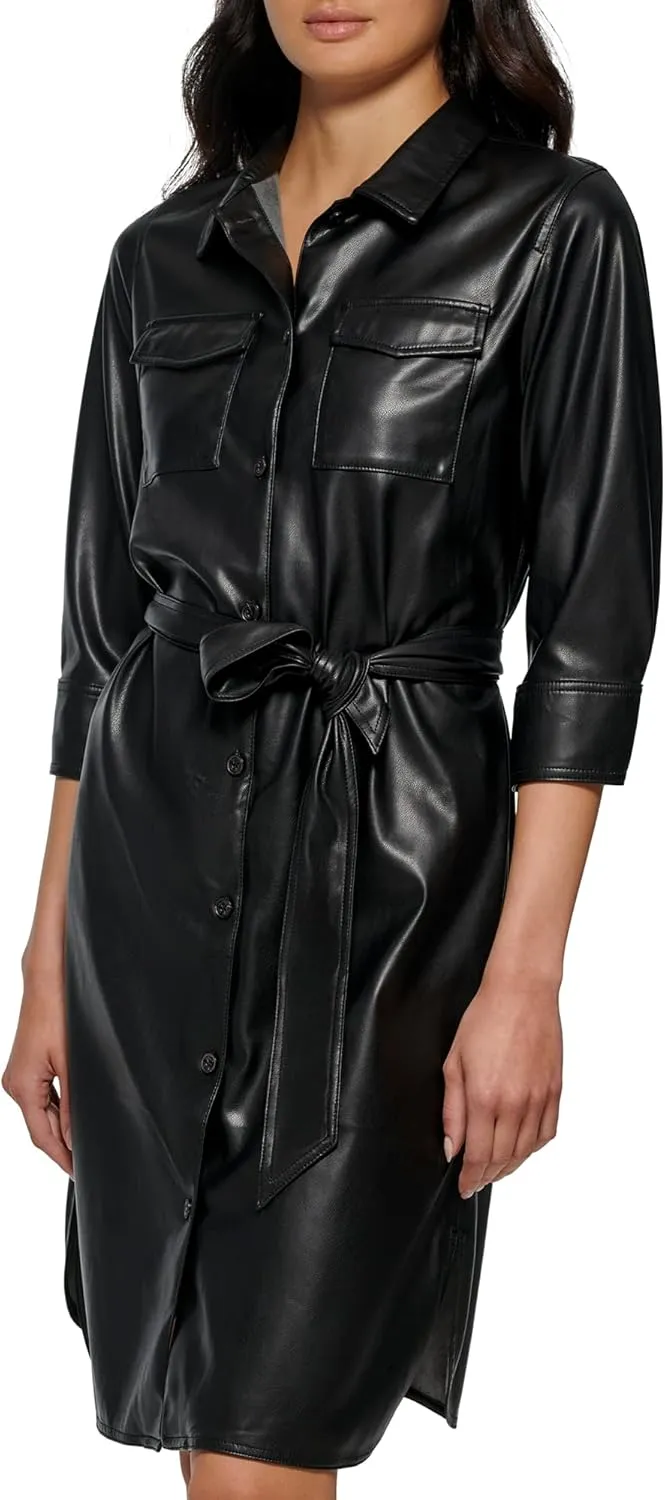 CALVIN KLEIN Women's Modern Edgy Faux Leather Belted Dress