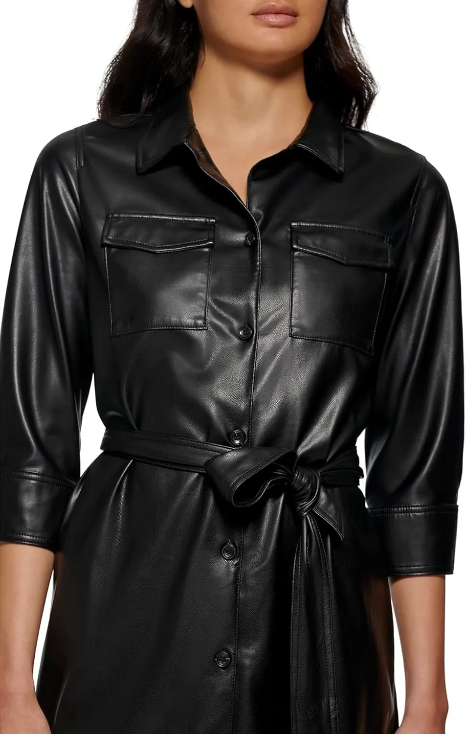 CALVIN KLEIN Women's Modern Edgy Faux Leather Belted Dress