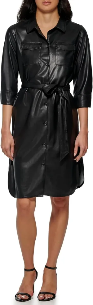 CALVIN KLEIN Women's Modern Edgy Faux Leather Belted Dress