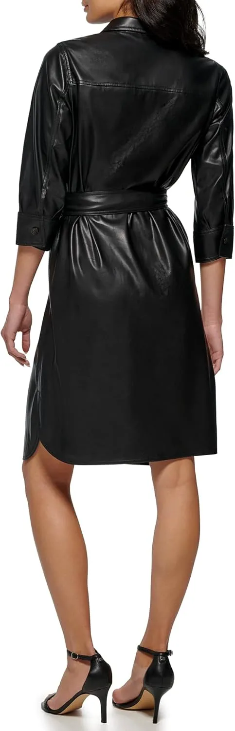 CALVIN KLEIN Women's Modern Edgy Faux Leather Belted Dress