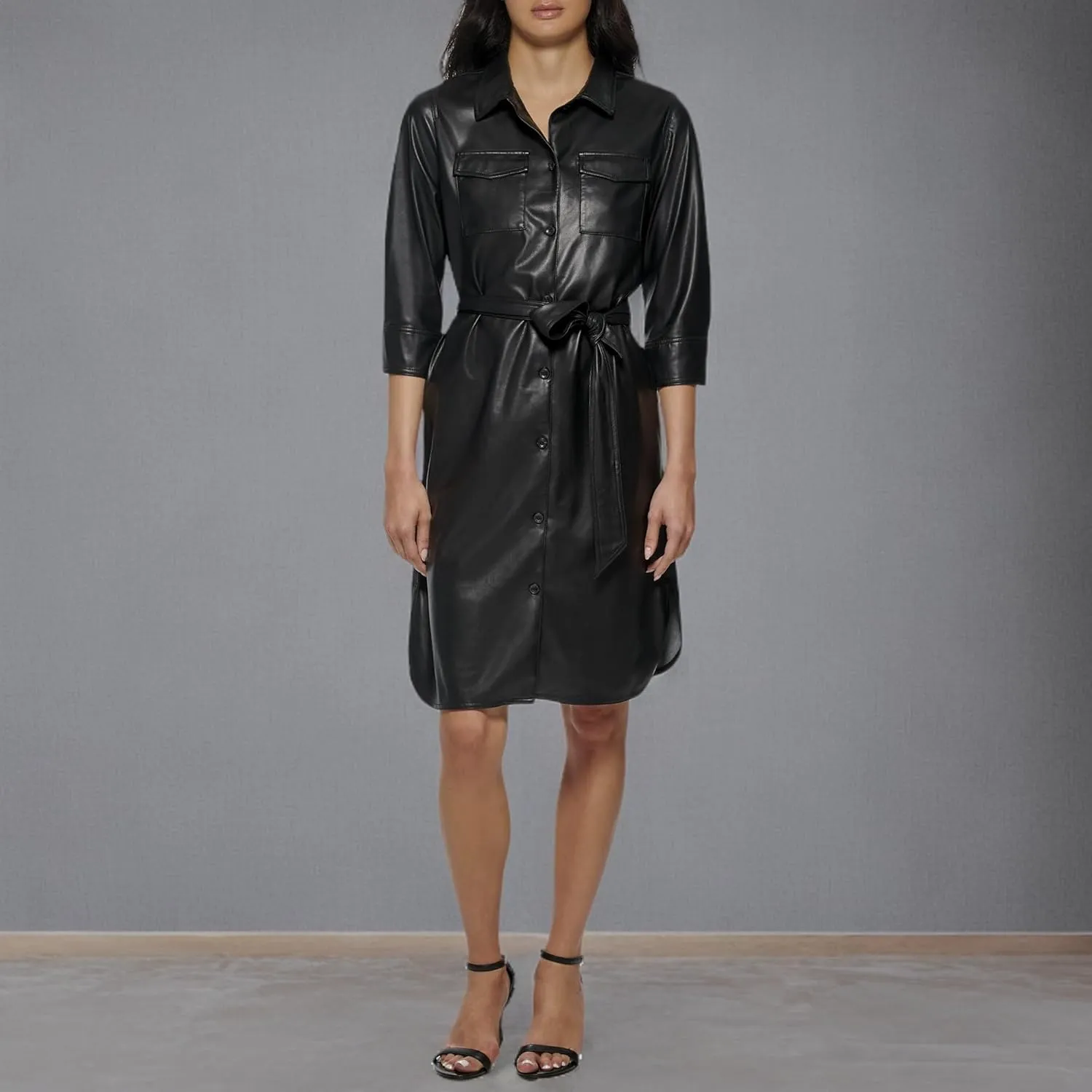 CALVIN KLEIN Women's Modern Edgy Faux Leather Belted Dress