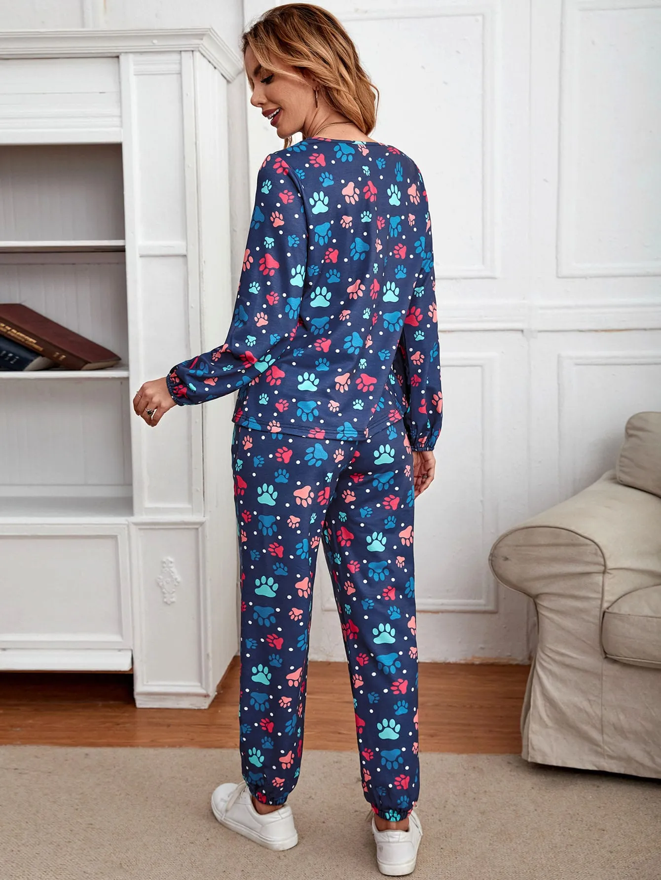 Casual All Over Print Long Sleeve Round Neck Women Two-Piece Outfits
