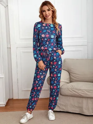 Casual All Over Print Long Sleeve Round Neck Women Two-Piece Outfits