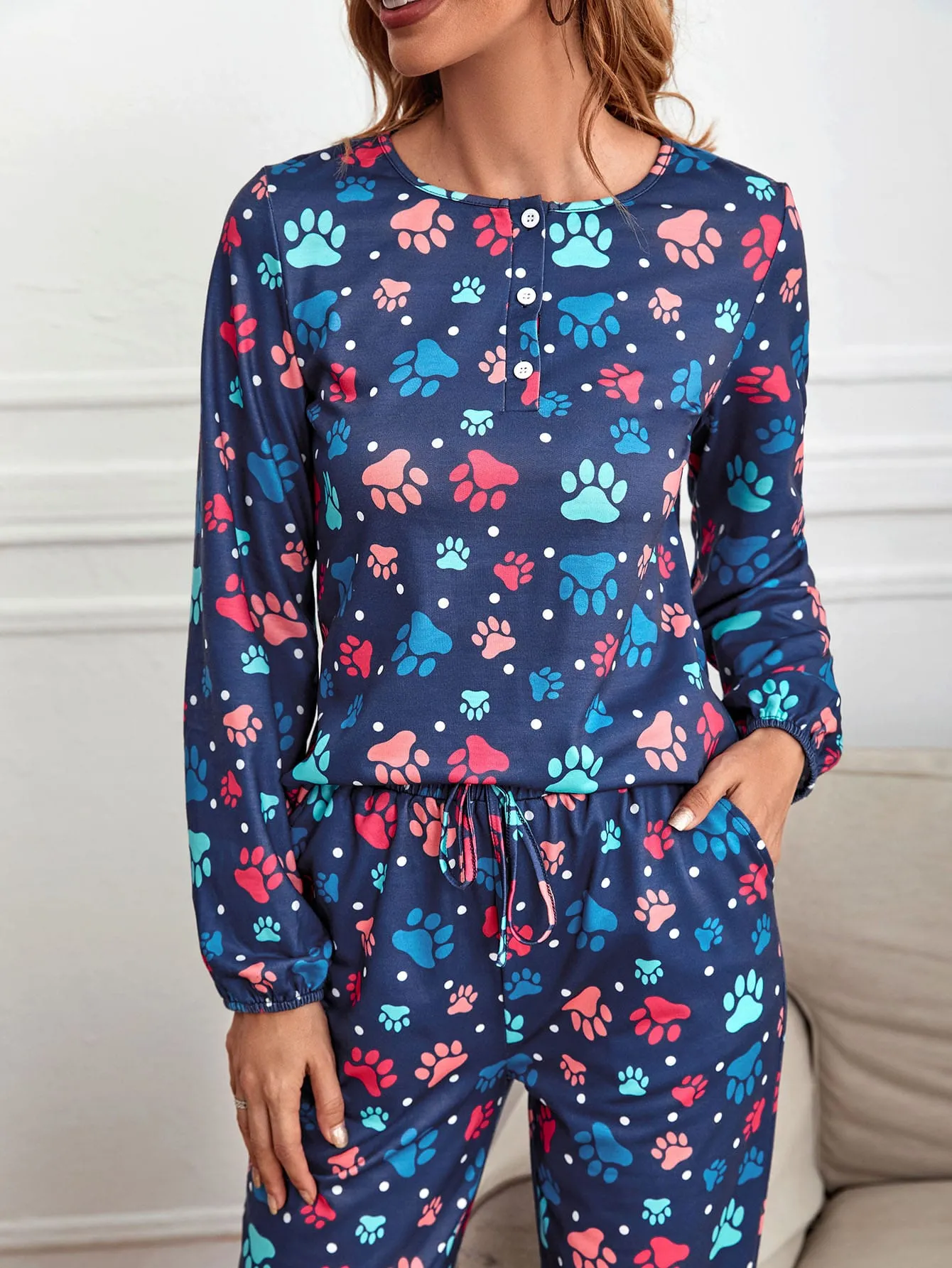 Casual All Over Print Long Sleeve Round Neck Women Two-Piece Outfits