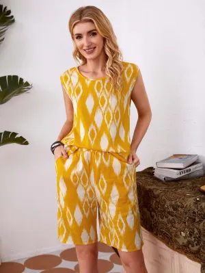 Casual Geometric Sleeveless Round Neck Semi-Sheer Women Two-Piece Outfits