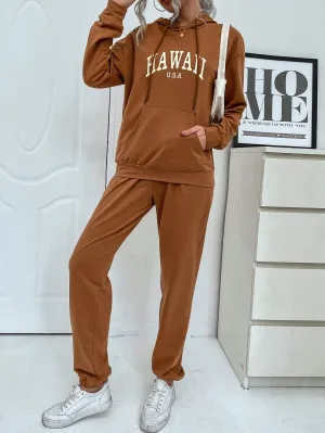 Casual Letter Pocket Long Sleeve Hooded Women Two-Piece Outfits