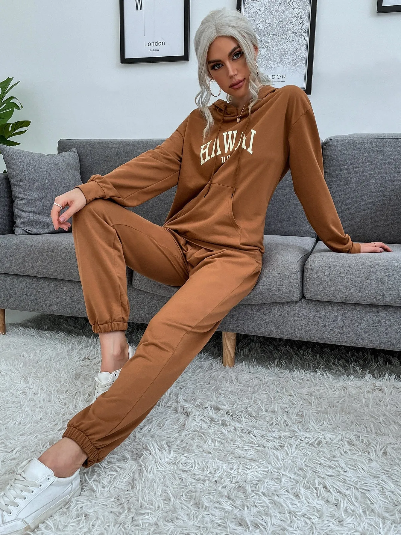 Casual Letter Pocket Long Sleeve Hooded Women Two-Piece Outfits