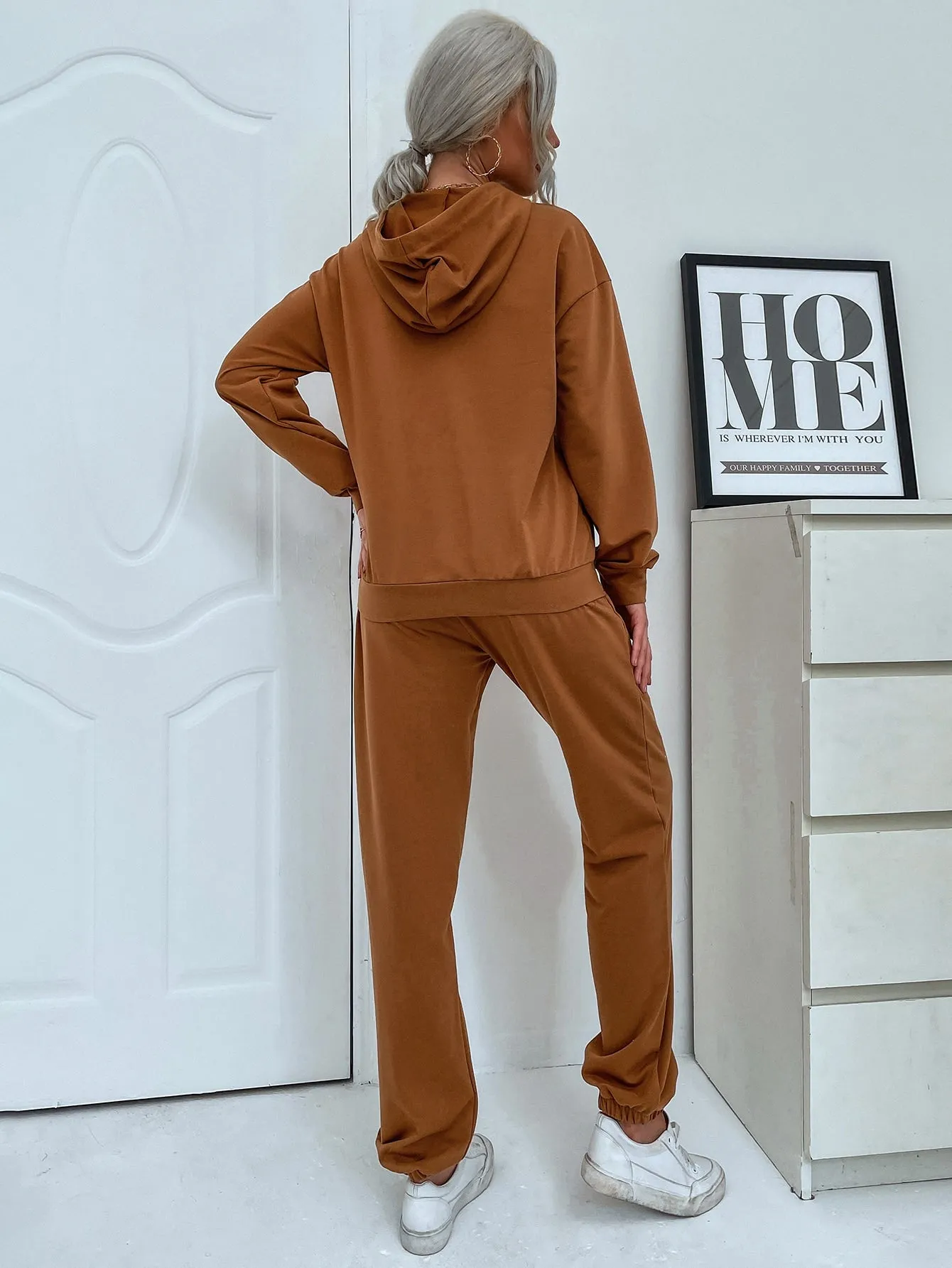 Casual Letter Pocket Long Sleeve Hooded Women Two-Piece Outfits