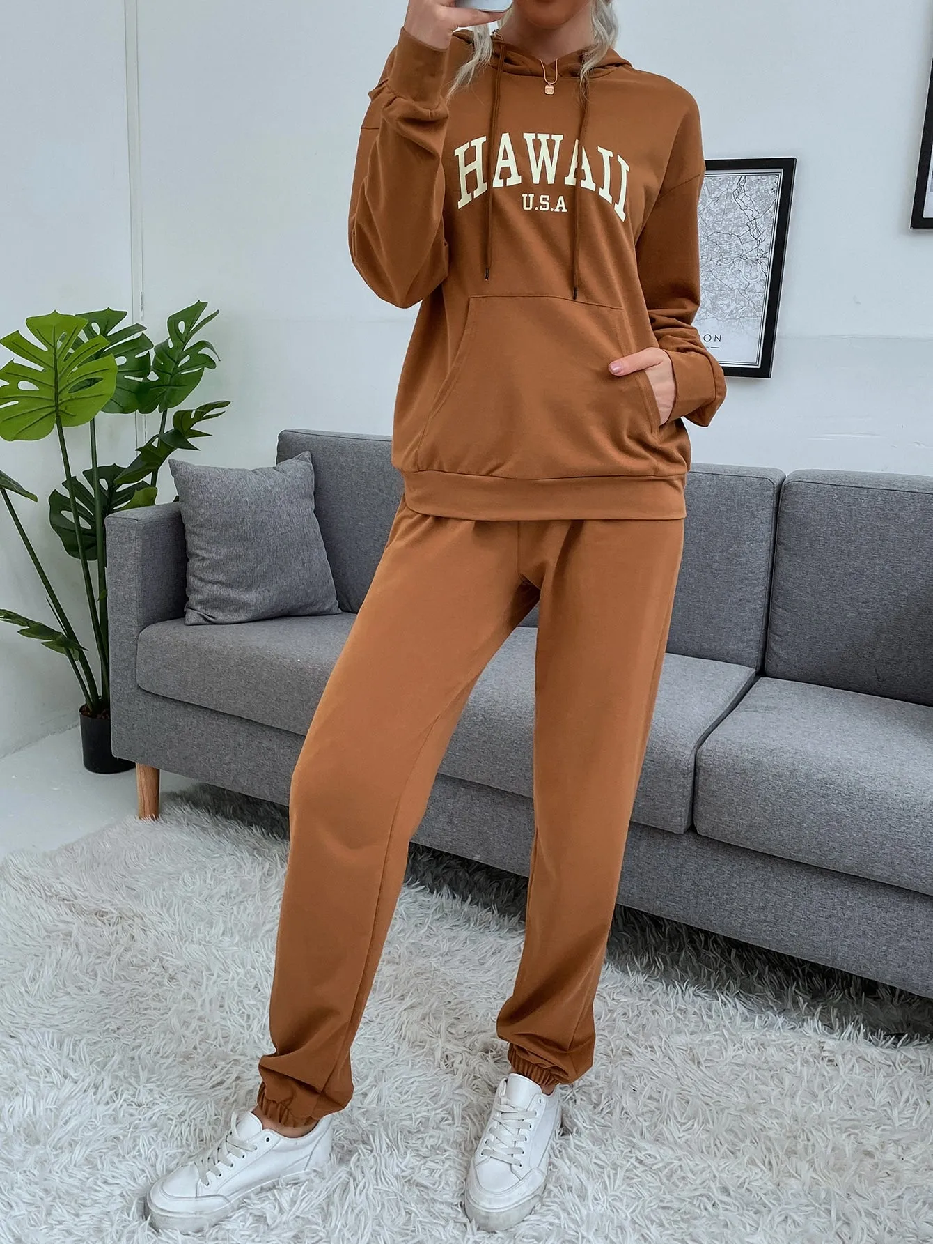 Casual Letter Pocket Long Sleeve Hooded Women Two-Piece Outfits