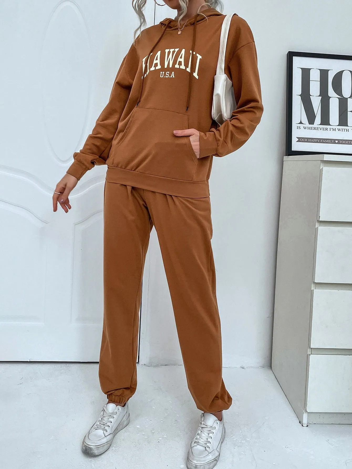 Casual Letter Pocket Long Sleeve Hooded Women Two-Piece Outfits