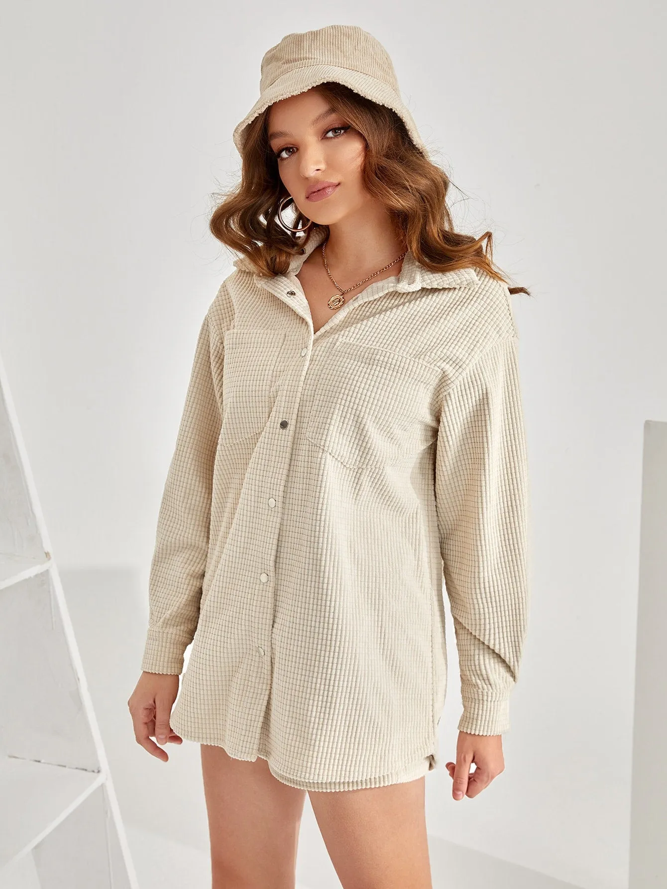 Casual Plain Button Front Long Sleeve Collar Womens Two-Piece Outfits