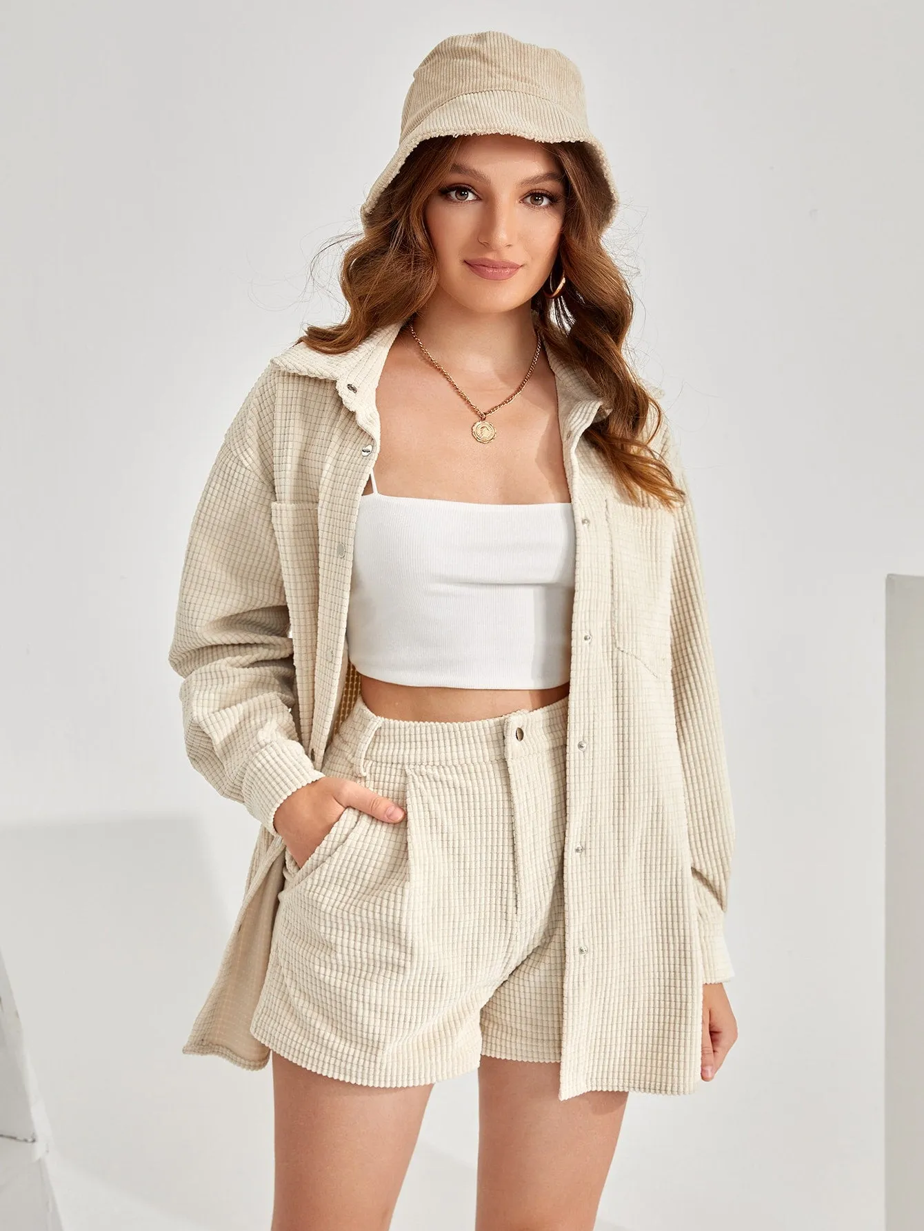 Casual Plain Button Front Long Sleeve Collar Womens Two-Piece Outfits