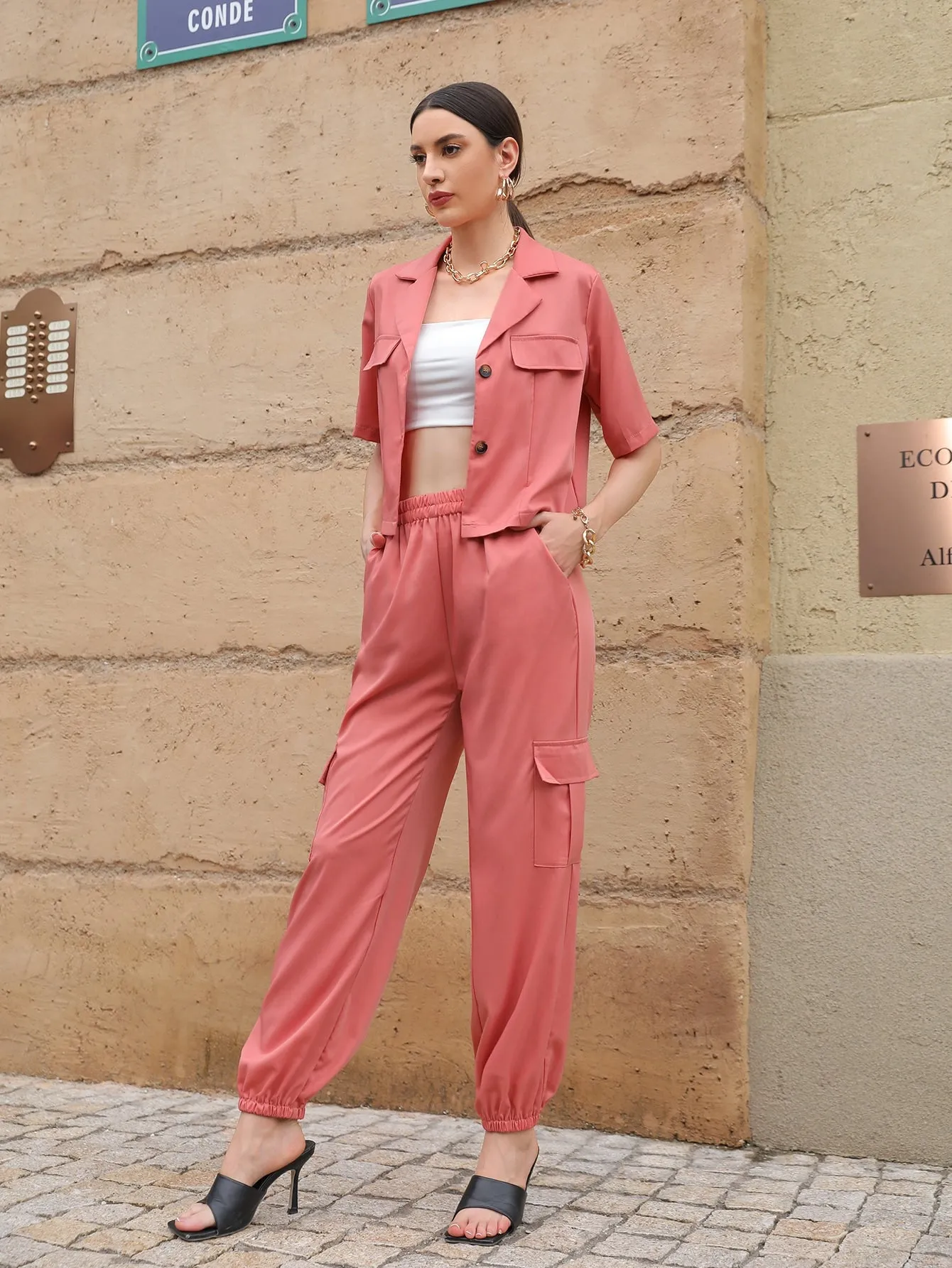Casual Plain Pocket Short Sleeve Lapel Women Two-Piece Outfits